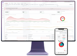 Dashboard de indicadores e relatórios do Template Track exibido em computador e celular