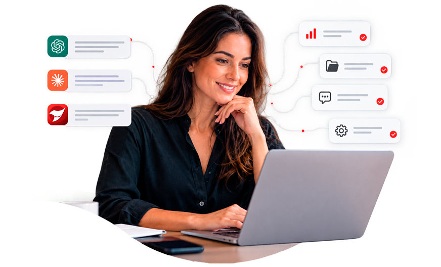 Mulher usando notebook com o Agente IA do Template Track, gerando relatórios e buscando arquivos por conversa