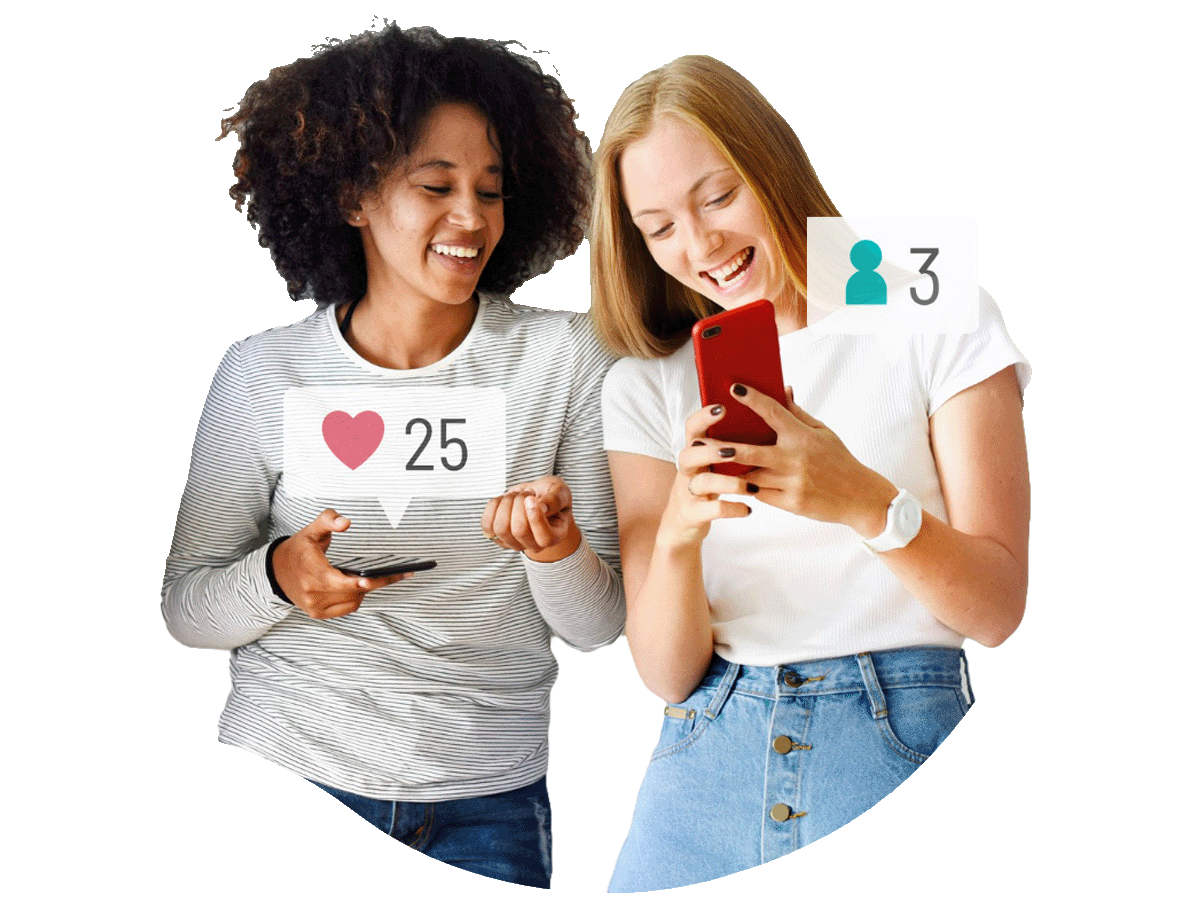 Duas mulheres sorrindo olhando o celular, com ícones de curtidas e seguidores, representando o Módulo Mídia do Template Track