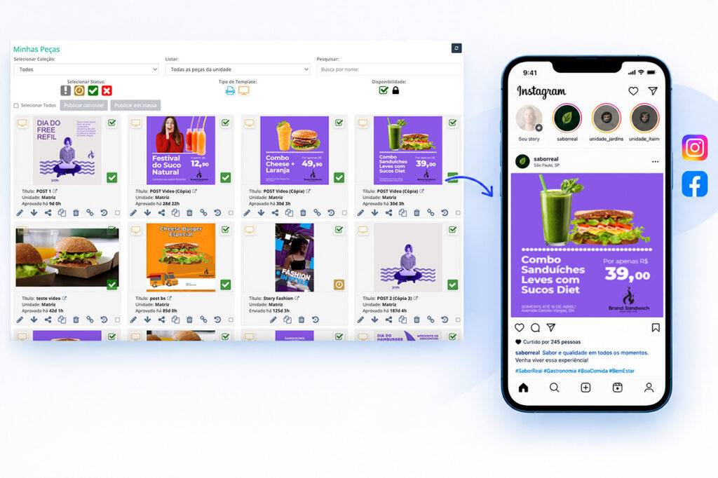Artes do Template Track prontas para publicação, com celular mostrando a prévia do post nas redes sociais