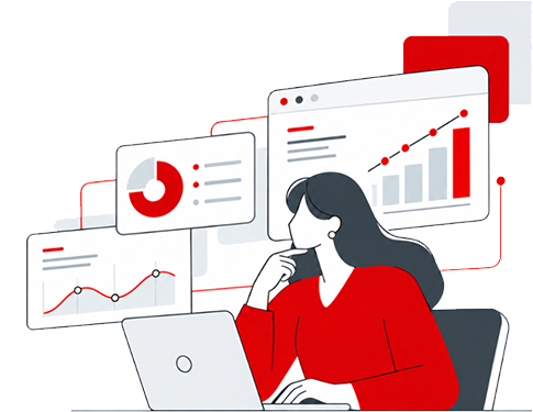Ilustração de mulher analisando gráficos e relatórios gerados pelo Agente IA do Template Track