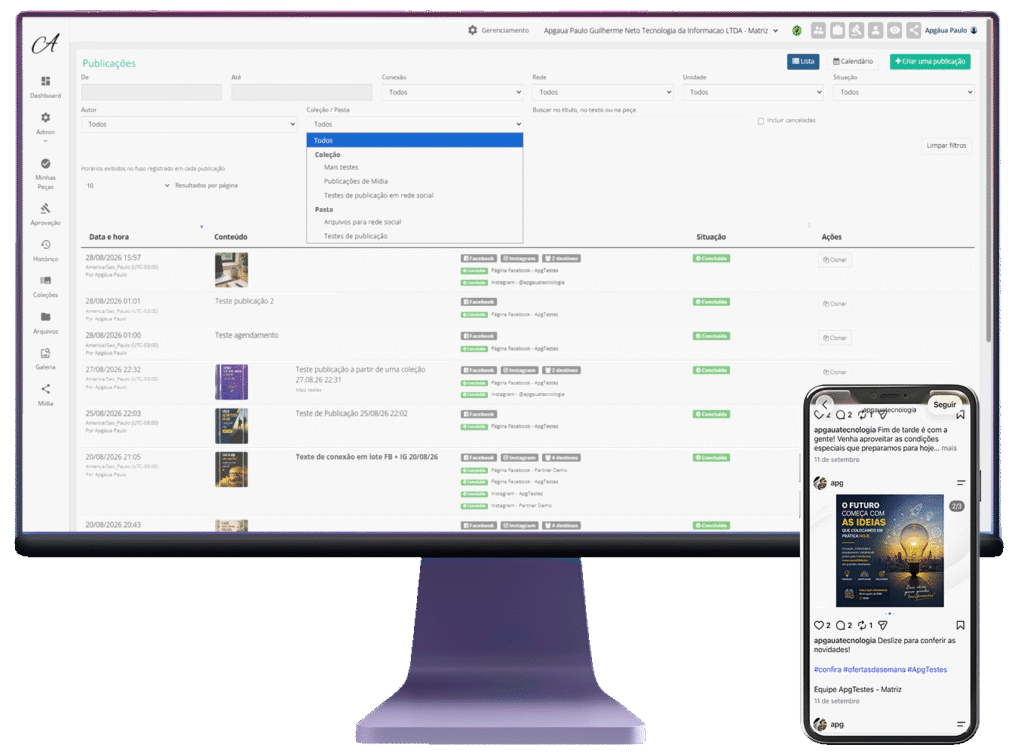 Tela do Módulo Mídia do Template Track em monitor e celular, com calendário de publicações nas redes sociais